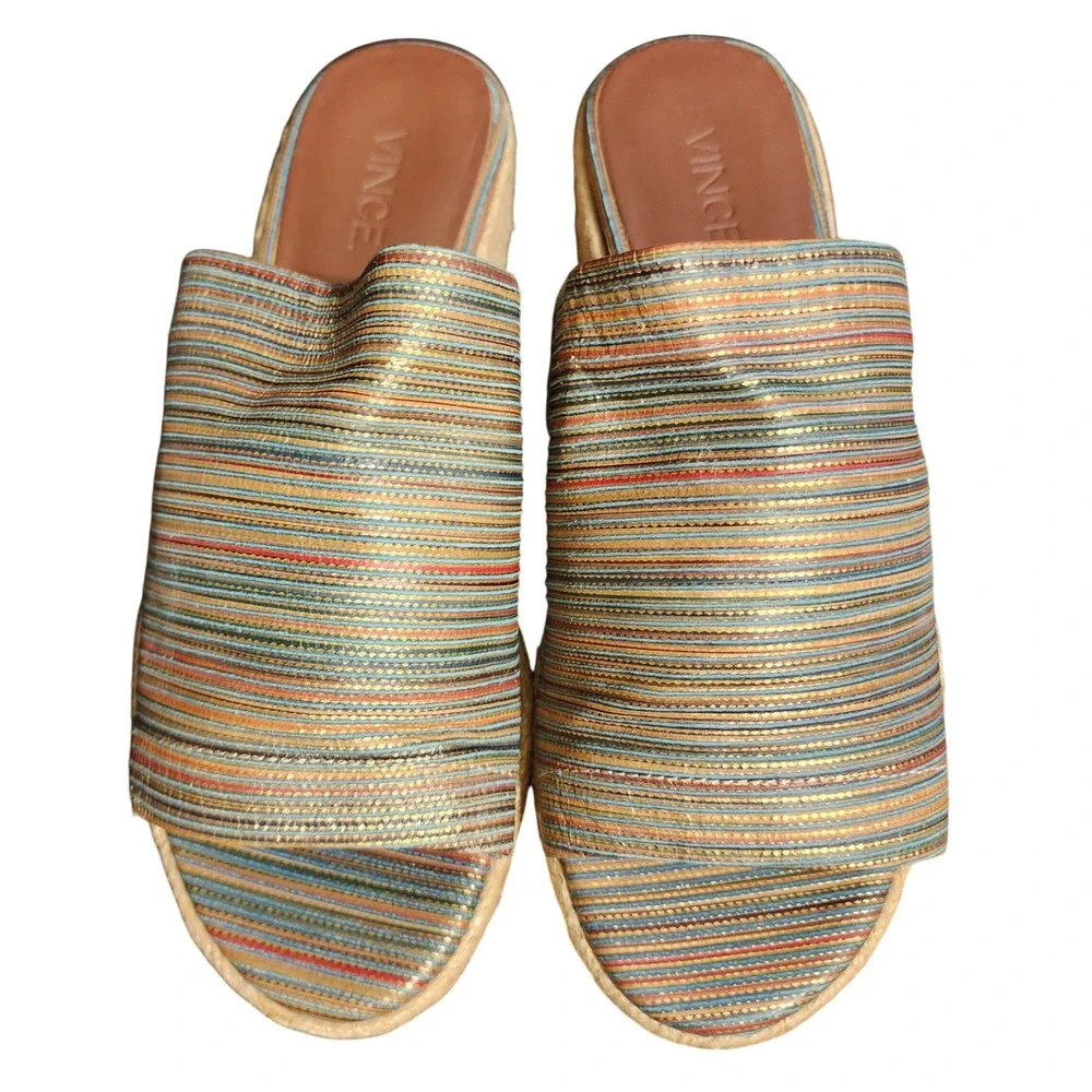 Vince Solana Gold Metallic Multi Striped Espadrille Platform Slide Sandals 5.5